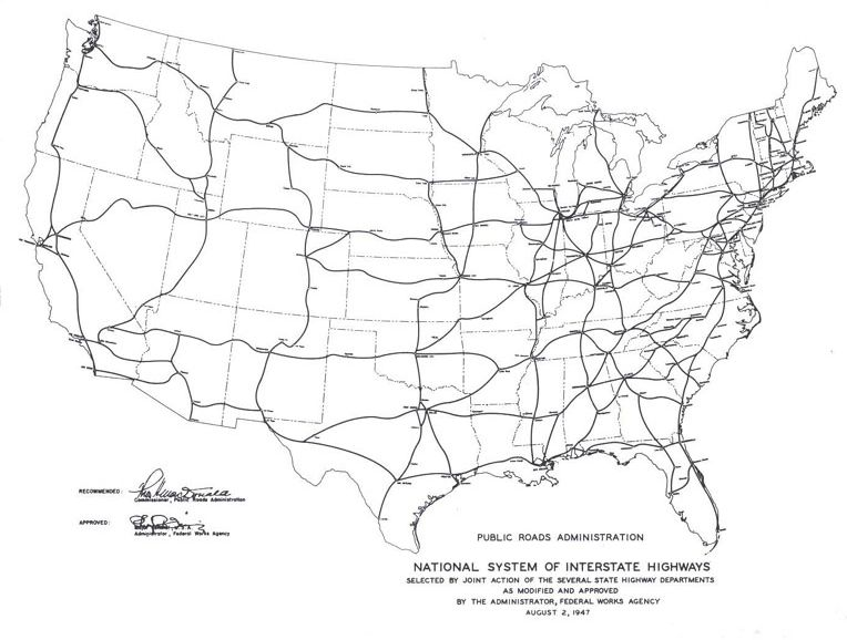 Historical Map of the National System of Interstate Highways and Defense Highway, circa 1947.