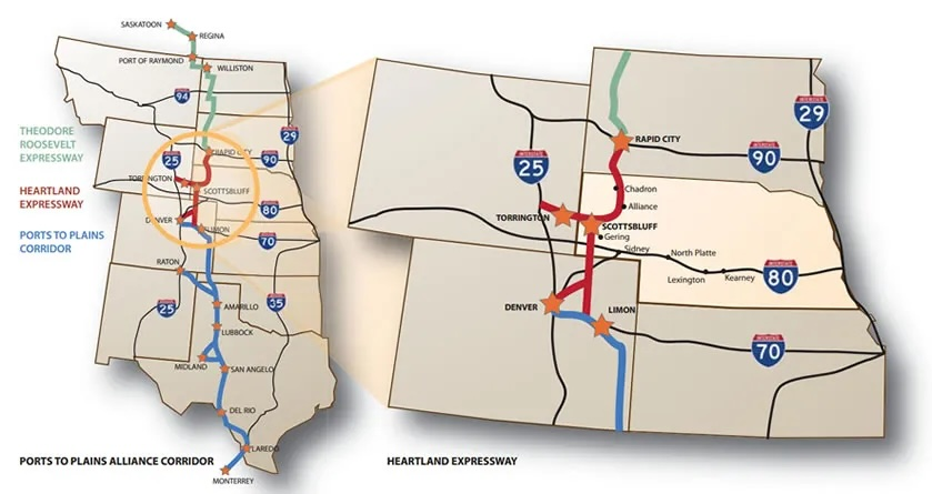 Map of the Theodore Roosevelt Expressway as part of the I-27 Ports-to-Plains Highway.