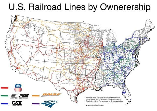 Map of U.S. Railroad Lines by Ownership.