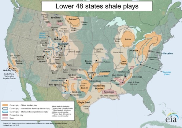 Map of U.S. Lower 48 States Shale Plays.