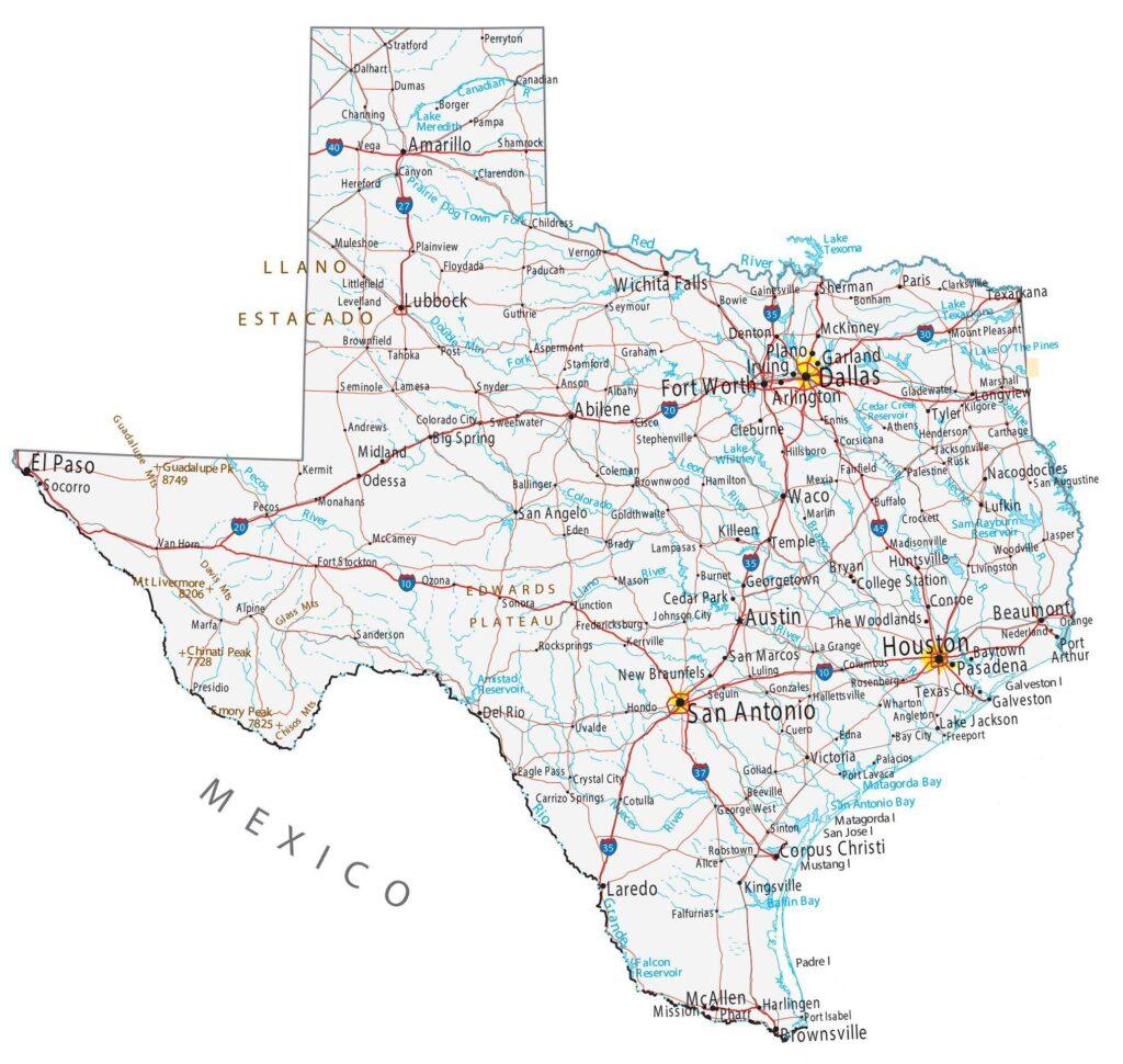 Map of Texas Interstates and Highways.