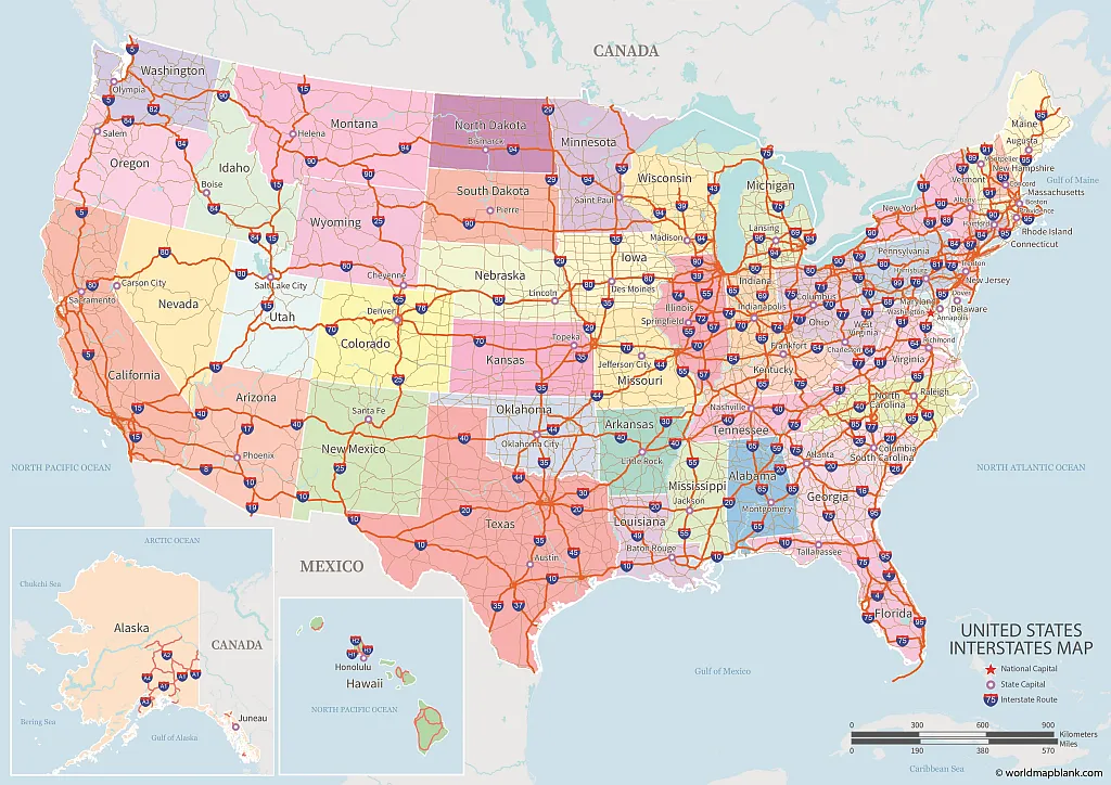 Map of United States Interstate System.