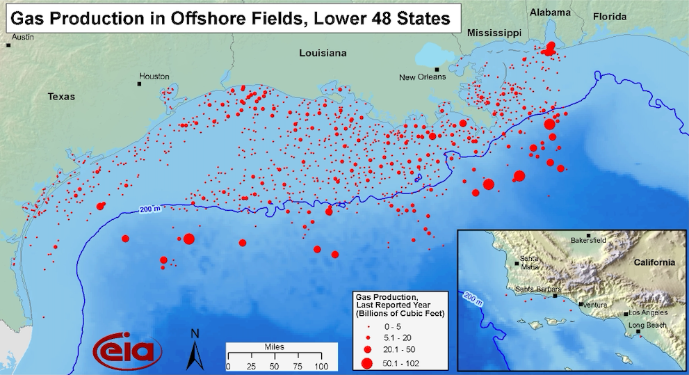 Map of Gulf of America-Mexico Oil and Gas Fields. 